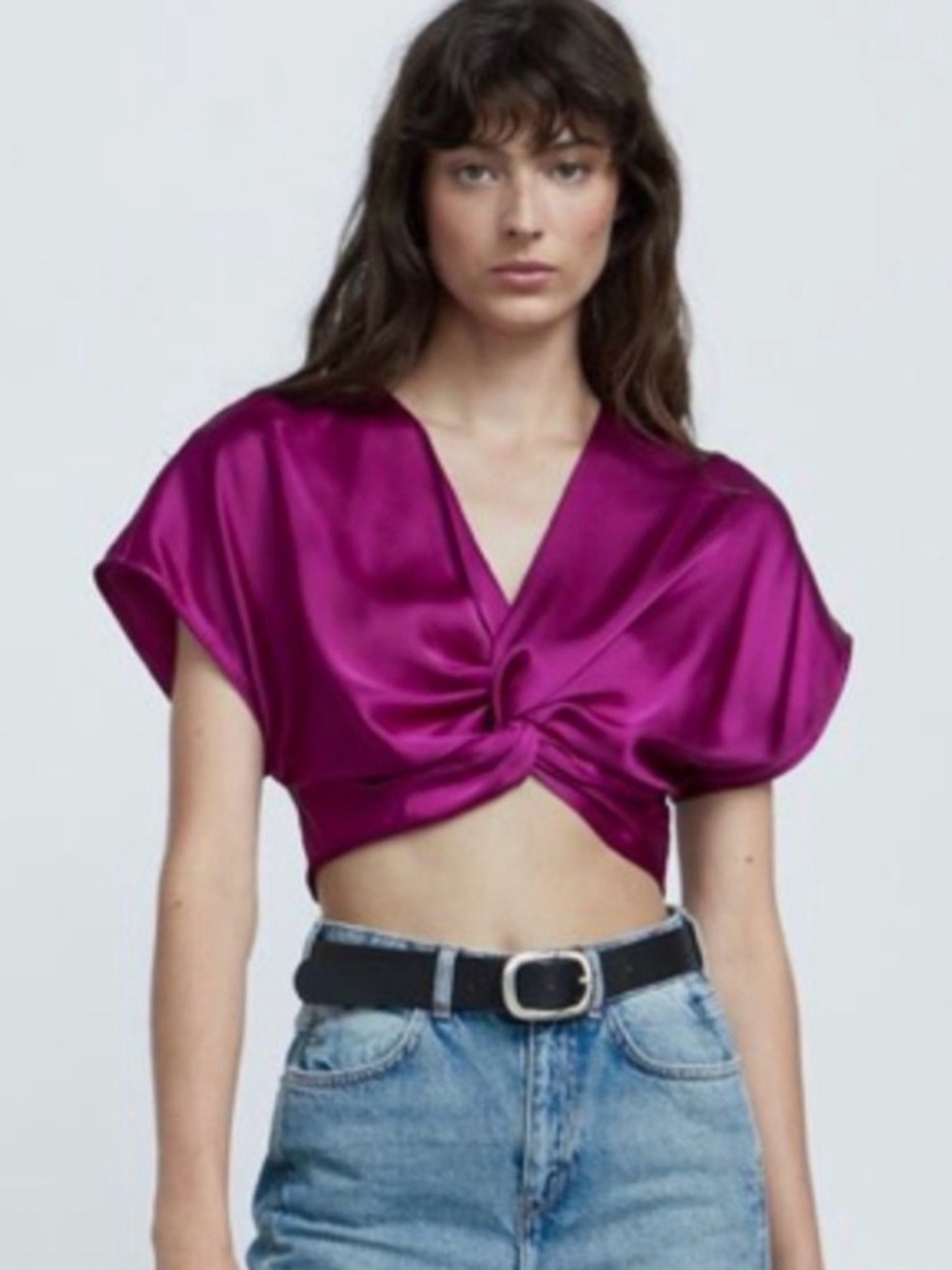 Zara Purple Knotted Satin Effect Crop Top